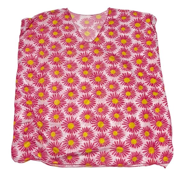 Stylish Swimwear Pink Yellow Daisy Print Beach Swim Cover Up Sheer Hippie Medium - Picture 2 of 7